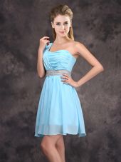 Glittering Baby Blue Chiffon Zipper One Shoulder Sleeveless Mini Length Bridesmaids Dress Sequins and Ruching