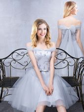 Smart Short Sleeves Grey Off The Shoulder Lace Up Lace and Appliques and Belt Bridesmaids Dress Sleeveless