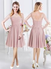 Pretty Pink Bridesmaid Gown Prom and Party and Wedding Party and For with Ruching and Bowknot Sweetheart Sleeveless Lace Up