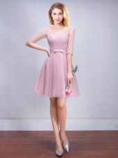 Pink Lace Up Bridesmaid Dress Ruching and Bowknot Half Sleeves Mini Length