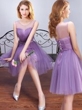 Scoop Lavender Sleeveless Tulle Lace Up Quinceanera Dama Dress for Prom and Party and Wedding Party