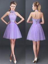 Hot Sale Halter Top Mini Length Lace Up Wedding Party Dress Lavender and In for Prom and Party and Wedding Party with Lace and Appliques