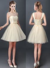 Exceptional A-line Quinceanera Court of Honor Dress Champagne Scoop Tulle Sleeveless Mini Length Lace Up