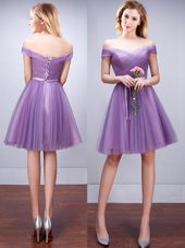 Extravagant Off The Shoulder Sleeveless Bridesmaids Dress Knee Length Ruching and Belt Lavender Tulle