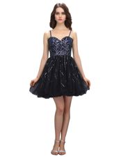 Inexpensive Black Organza Lace Up Homecoming Party Dress Sleeveless Mini Length Sequins