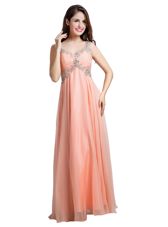 Super Peach Backless Prom Gown Beading Sleeveless Floor Length