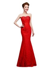 Mermaid Lace Strapless Sleeveless Lace Up Lace Evening Dress in Red