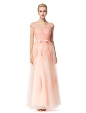 Custom Design Scoop Cap Sleeves Tulle Floor Length Zipper Prom Party Dress in Peach for with Lace