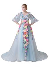 Light Blue Tulle Zipper Homecoming Dress Half Sleeves With Train Court Train Hand Made Flower