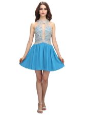 High Quality Scoop Mini Length Zipper Evening Gowns Baby Blue and In for Prom and Party with Beading