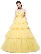 Yellow Sleeveless Ruffled Layers and Hand Made Flower With Train Evening Dress
