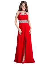 Suitable Silk Like Satin Square Sleeveless Zipper Beading Prom Gown in Red