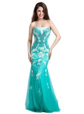 Mermaid Floor Length Turquoise Homecoming Dress Tulle Sleeveless Beading and Appliques
