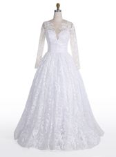 Modern White Wedding Dresses Wedding Party and For with Lace Scoop Long Sleeves Clasp Handle