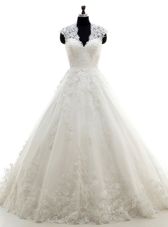 Custom Fit White A-line Lace V-neck Cap Sleeves Lace and Appliques With Train Clasp Handle Wedding Gown Brush Train