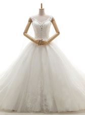 White V-neck Lace Up Lace Wedding Dress Chapel Train Sleeveless