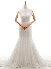 Edgy White Mermaid Lace Wedding Dress Backless Lace Sleeveless With Train