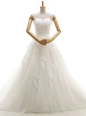 White Lace Up Strapless Appliques Wedding Gowns Satin Sleeveless Cathedral Train