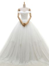 Low Price White A-line Tulle Off The Shoulder Sleeveless Ruching With Train Lace Up Wedding Dresses Chapel Train