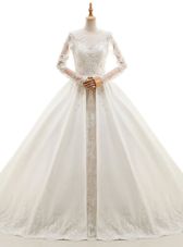 Scoop Long Sleeves Wedding Gown With Train Cathedral Train Appliques White Satin