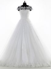 Great Scoop White Clasp Handle Wedding Dress Lace and Appliques Short Sleeves With Brush Train