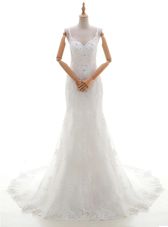 Custom Made Lace V-neck Sleeveless Brush Train Criss Cross Beading and Lace and Appliques Wedding Gowns in White