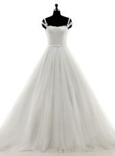 Luxury White Sleeveless Brush Train Lace and Appliques With Train Wedding Dress