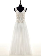 White Chiffon Lace Up Wedding Dresses Long Sleeves Floor Length Beading and Lace and Appliques
