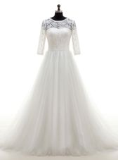 Simple Scoop White Half Sleeves Tulle Brush Train Clasp Handle Wedding Dresses for Wedding Party
