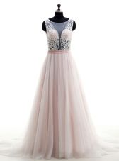 Inexpensive Pink Tulle Clasp Handle Scoop Sleeveless With Train Wedding Dress Brush Train Lace