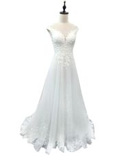 White Sleeveless With Train Beading and Ruffles Lace Up Wedding Gown