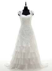 Cap Sleeves With Train Lace and Ruffled Layers Lace Up Wedding Gowns with White Brush Train