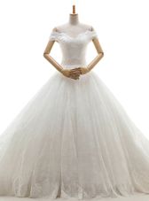 Most Popular Off the Shoulder White Tulle Lace Up Wedding Gown Sleeveless With Train Court Train Lace and Appliques