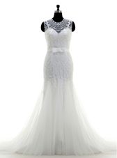 White A-line Lace and Appliques Wedding Dress Clasp Handle Tulle Sleeveless With Train