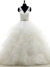 Extravagant White Ball Gowns Beading and Lace and Ruffles Wedding Gowns Backless Organza Sleeveless With Train