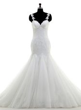 White Mermaid Scoop Sleeveless Tulle and Lace With Brush Train Zipper Lace and Appliques Bridal Gown