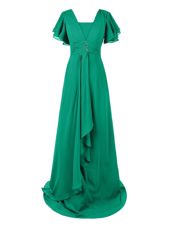 Shining Green Chiffon Zipper Prom Gown Short Sleeves With Train Sweep Train Beading and Ruching