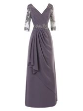 Grey A-line Chiffon V-neck Long Sleeves Beading and Appliques and Ruching Floor Length Zipper Prom Dresses