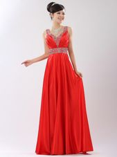 Fashionable Satin V-neck Sleeveless Zipper Beading Prom Gown in Coral Red