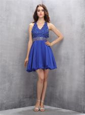 Backless V-neck Sleeveless Evening Dress Mini Length Beading and Belt Royal Blue Chiffon