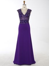 Mermaid Purple Chiffon Zipper Dress for Prom Sleeveless With Brush Train Beading