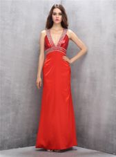 Edgy Criss Cross V-neck Sleeveless Homecoming Dress Online Floor Length Beading Coral Red Satin