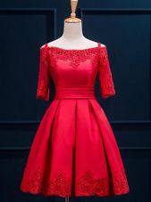Gorgeous Off the Shoulder Half Sleeves Satin Mini Length Lace Up Dress for Prom in Red for with Appliques and Pleated