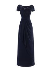 Exquisite Scoop Navy Blue A-line Lace and Ruching Prom Dress Zipper Chiffon Short Sleeves Floor Length