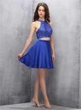 Exquisite Halter Top Royal Blue Sleeveless Mini Length Beading Zipper Evening Dress