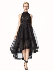 Romantic Black Sleeveless Asymmetrical Lace Zipper Pageant Dress Toddler