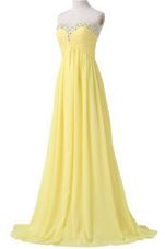 Stunning With Train Light Yellow Homecoming Dress Chiffon Brush Train Sleeveless Beading and Ruching