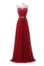 Stunning Wine Red Scoop Zipper Beading and Ruching Prom Evening Gown Brush Train Sleeveless