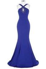 Customized Mermaid Halter Top Royal Blue Elastic Woven Satin Zipper Prom Gown Sleeveless With Brush Train Beading
