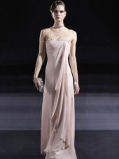 Strapless Sleeveless Dress for Prom Floor Length Beading Baby Pink Chiffon